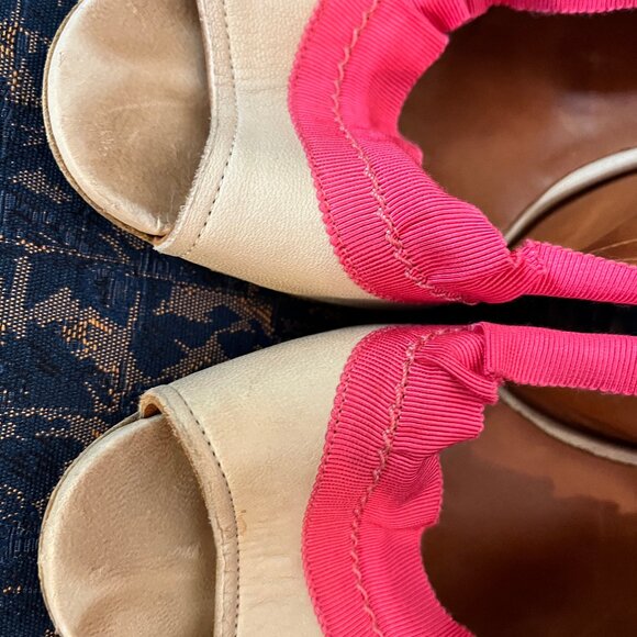 LANVIN Eté 2009 Beige and Pink Canvas Slingback Peep Toe Sandals Size 37.5 - Picture 10 of 15